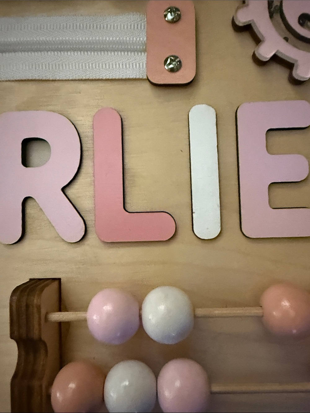 Wooden Activity Board for Girls- Personalized Pink and Natural for Charlie - Picture 5 of 13